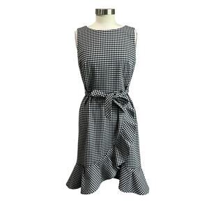 Calvin Klein Gingham Belted Dress 10 Ruffle Sleeveless Preppy Chic Summer